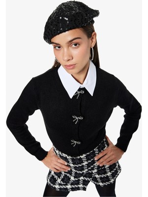 Koton Uzun Kollu Bisiklet Yaka Fiyonklu Triko Hırka