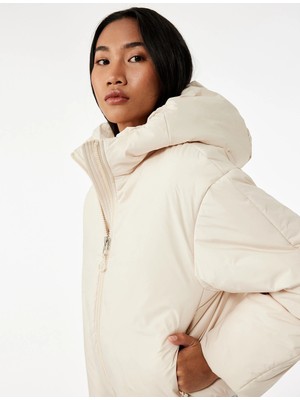 Koton Fermuarlı Uzun Kollu Su Itici Kapüşonlu Crop Şişme Mont