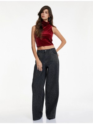 Koton Slim Fit Dik Yaka Kolsuz Crop Kadife Bluz