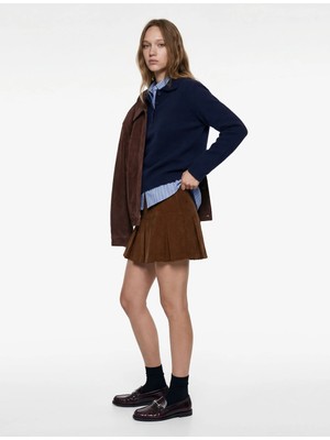 Koton Metal Aksesuarlı Cep Detaylı Kalın Piliseli Mini Etek