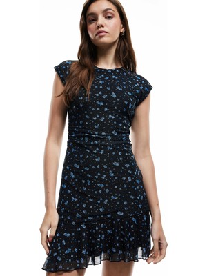 Kolsuz Bisiklet Yaka Drapeli Astarlı Çiçekli Tül Mini Elbise