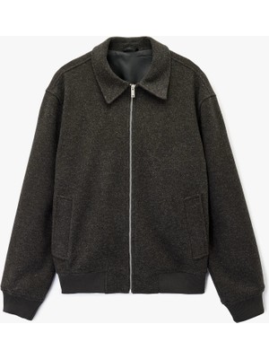 Koton Uzun Kollu Cepli Fermuarlı Gömlek Yaka Kaşe Bomber Ceket