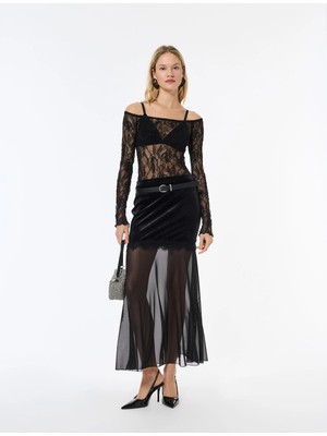 Koton Dantelli Tül Detaylı Kadife Etek
