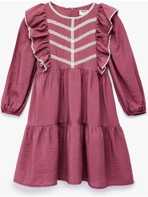 Koton Uzun Kollu Bisiklet Yaka Volanlı Viskon Elbise