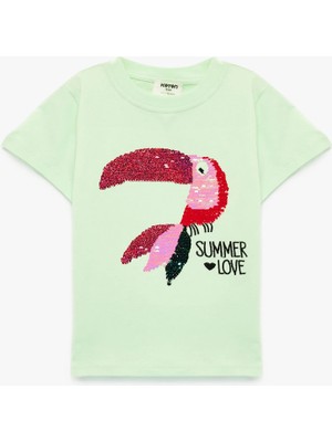 Koton Pullu Payetli Kısa Kollu Bisiklet Yaka Pamuklu Tişört