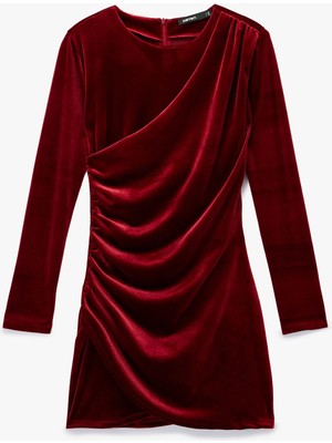 Koton Uzun Kollu Bisiklet Yaka Drape Detaylı Mini Kadife Elbise