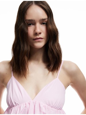 Koton Volanlı V Yaka Pamuklu Slim Fit Askılı Poplin Crop Bluz