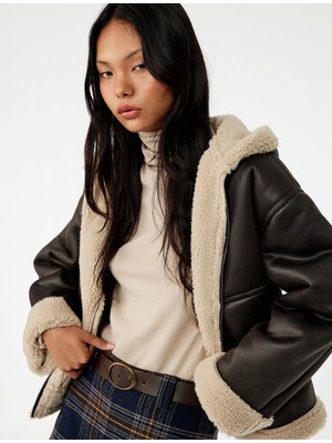 Koton Kapüşonlu Içi Suni Kürklü Fermuarlı Cepli Suni Deri Ceket