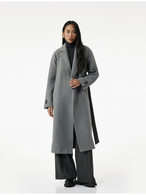 Koton Uzun Kollu Kemerli Cepli Kruvaze Uzun Kaşe Kaban