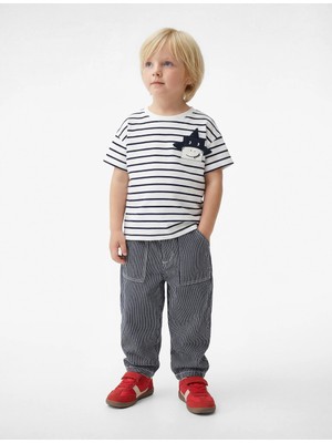 Koton Pamuklu Kısa Kollu Bisiklet Yaka Aplikeli Çizgili Tişört