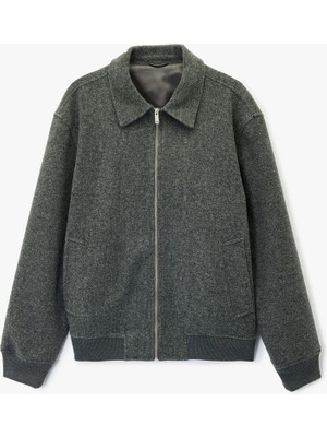 Koton Uzun Kollu Cepli Fermuarlı Gömlek Yaka Kaşe Bomber Ceket