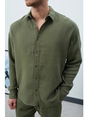 Erkek Pamuklu Gömlek Uzun Kol Yazlık Rahat Kalıp Nefes Alan Doğal Kumaş