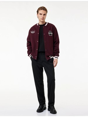 Koton Işlemeli Çizgi Detaylı Çıtçıt Düğmeli Cepli Bomber Ceket