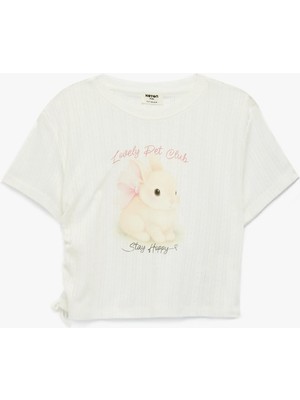 Koton Bisiklet Yaka Kısa Kollu Büzgü Detaylı Tavşan Baskılı Crop Tişört