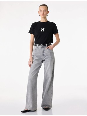 Koton Kısa Kollu Bisiklet Yaka Pamuklu Köpek Nakış Detaylı Tişört