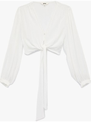 Koton Viskon Uzun Kollu Bol Kalıp V Yaka Bağlamalı Poplin Crop Bluz