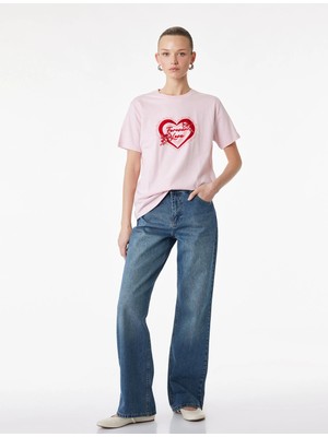 Koton Pamuklu Kısa Kollu Bisiklet Yaka Kalp Baskılı Tişört