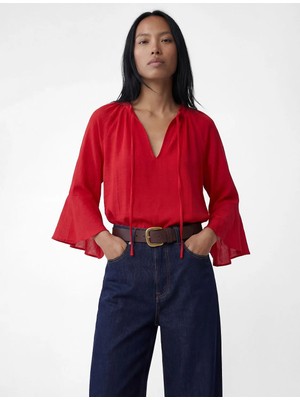 Koton Bağcıklı Yuvarlak Yaka Viskon Fırfırlı 3/4 Kollu Bluz