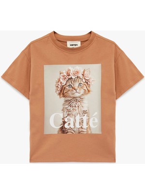 Koton Kısa Kollu Bisiklet Yaka Kedi Baskılı Pamuklu Tişört
