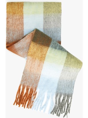 Koton Yumuşak Dokulu Ekoseli Püsküllü Uzun Atkı