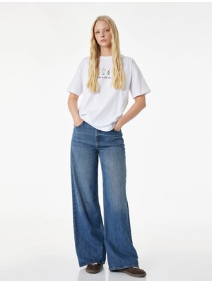 Koton Rahat Kalıp Pamuklu Kısa Kollu Bisiklet Yaka Baskılı Tişört