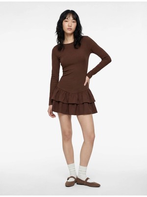 Koton Slim Fit Uzun Kollu Bisiklet Yaka Katlı Volanlı Mini Elbise