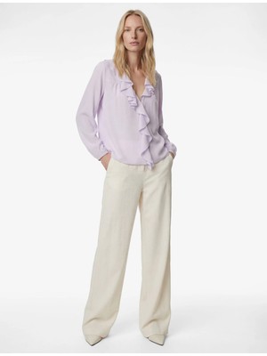 Koton Volanlı Fırfırlı V Yaka Uzun Kollu Pamuklu Gömlek