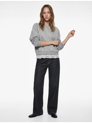 Koton Dantel Detaylı Bisiklet Yaka Uzun Kollu Oversize Sweatshirt