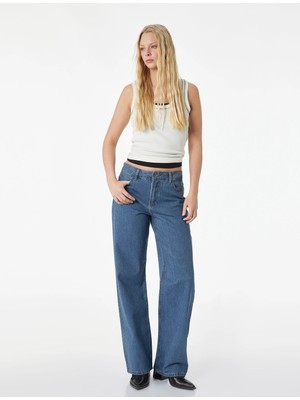 Koton Cepli Uzun Düz Paça Taşlı Jean Pantolon - Straight Fit Jean