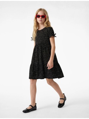 Koton Kısa Kollu Bisiklet Yaka Fiyonk Detaylı Puantiyeli Elbise