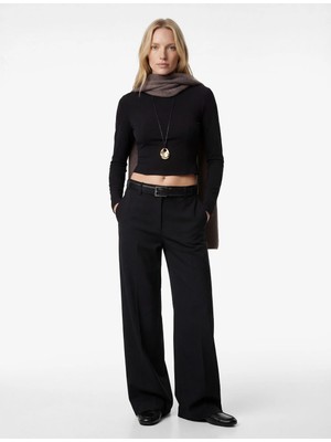 Koton Sandy Kumaş Uzun Kollu Bisiklet Yaka Slim Fit Peplum Kesim Tişört