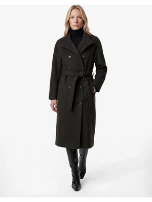 Koton Uzun Kollu Cepli Kruvaze Dik Yaka Kemerli Uzun Kaşe Kaban