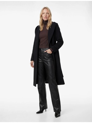 Koton Uzun Kollu Cepli Kemerli Kapüşonlu Kaşe Kaban