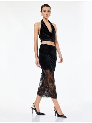 Koton Püskül Detaylı Asimetrik Kesim Midi Dantelli Kadife Etek