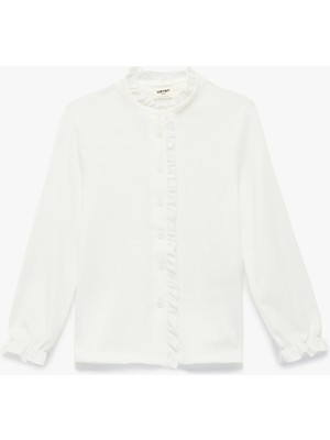 Koton Dik Yaka Düğme Detaylı Fırfırlı Uzun Kollu Bluz