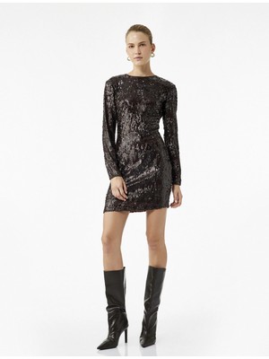 Koton Uzun Kollu Bisiklet Yaka Payetli Sırt Detaylı Mini Abiye Elbise