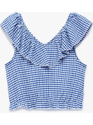 Koton Fırfırlı Kolsuz Düşük Omuz Ekoseli Crop Bluz