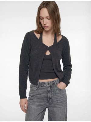 Koton Uzun Kollu U Yaka Askılı Bluz Detaylı Hırka