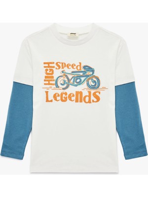 Koton Pamuklu Uzun Çıkma Kollu Renk Kontrastlı Bisiklet Yaka Baskılı Tişört