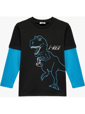 Koton Uzun Çıkma Kollu Bisiklet Yaka Pamuklu Dinozor Baskılı Tişört