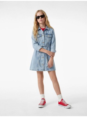 Koton Uzun Kollu Gömlek Yaka Cepli Kemerli Denim Elbise