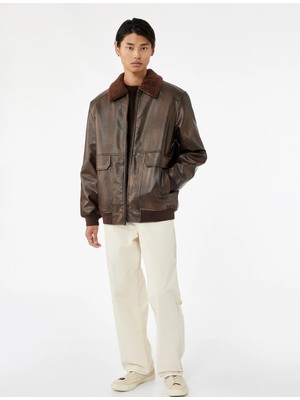 Koton Uzun Kollu Cep Detaylı Slim Fit Fermuarlı Peluş Yaka Kışlık Suni Deri Ceket