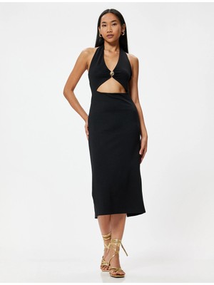 Koton Midi Halter Yaka Elbise Pencere Detaylı Deniz Kabuğu Detaylı Yırtmaçlı