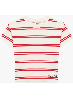 Koton Pamuklu Kısa Kollu Bisiklet Yaka Baskı Detaylı Çizgili Oversize Tişört