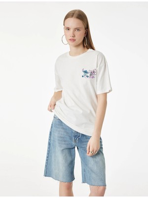 Koton Stitch Lisanslı Kısa Kollu Bisiklet Yaka Arkası Baskılı Oversize Tişört