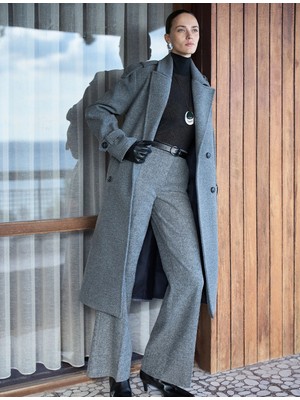 Koton Cepli Uzun Kollu Kruvaze Kemerli Uzun Kaşe Kaban