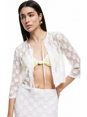 Koton Transparan Bağlamalı Yaka 3/4 Kollu Dantel Çiçekli Crop Bluz