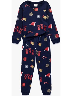 Koton Pamuklu Uzun Kollu Bisiklet Yaka Yılbaşı Desenli Pijama Takımı
