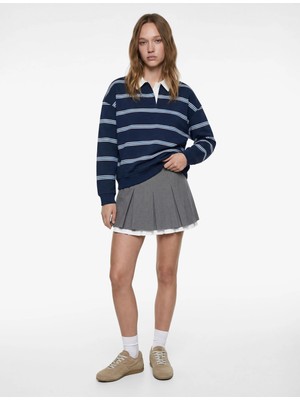 Koton Kadın Lacivert Polo Yaka Uzun Kollu Oversize Sweatshirt Rahat Kalıp ve Cepsiz Tasarım
