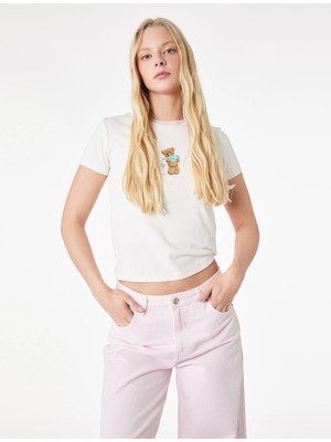 Koton Slim Fit Kısa Kollu Bisiklet Yaka Ayıcık Nakışlı Tişört